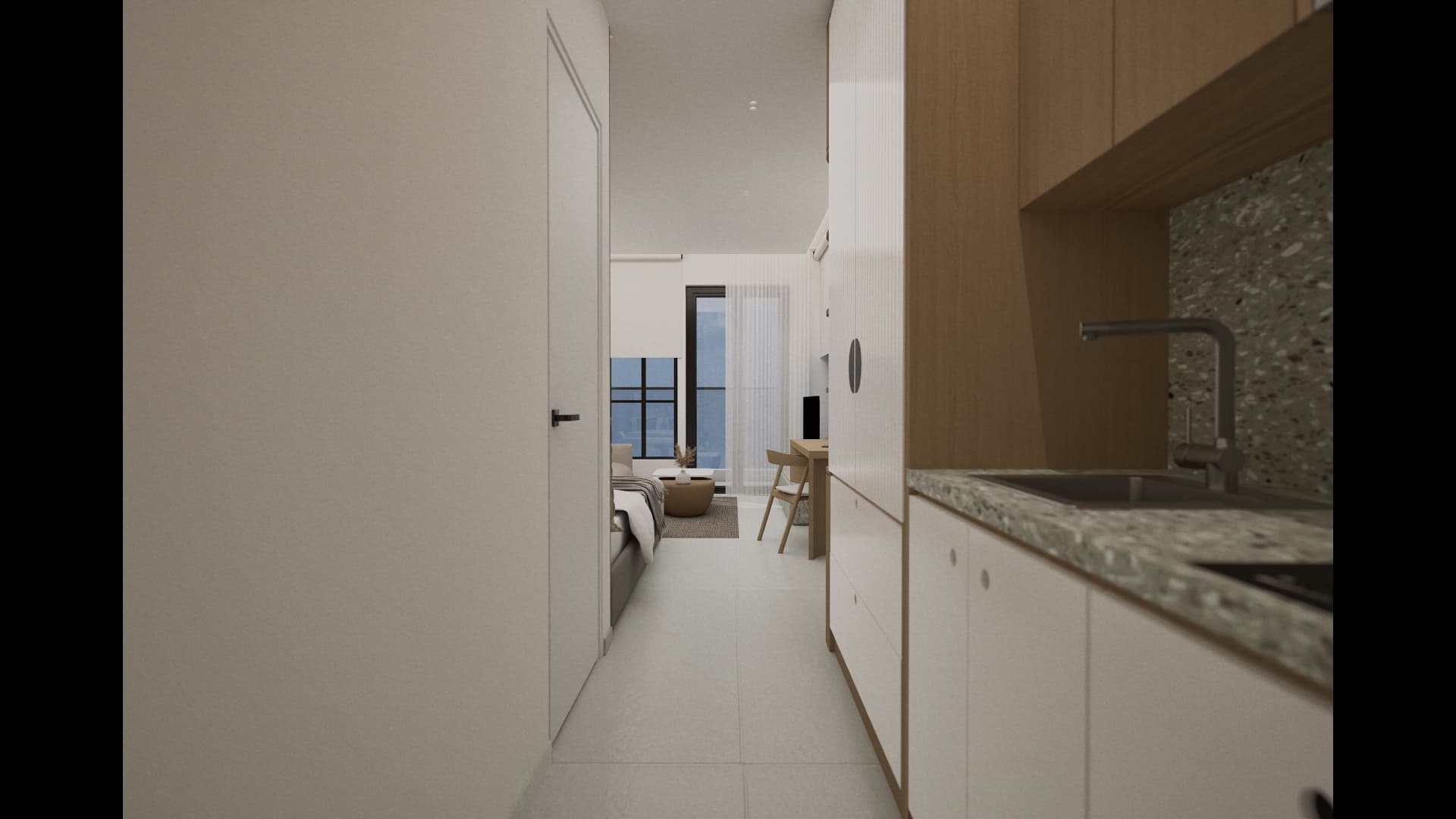 The HUB Student Apartments — studio kitchenette and entry hall