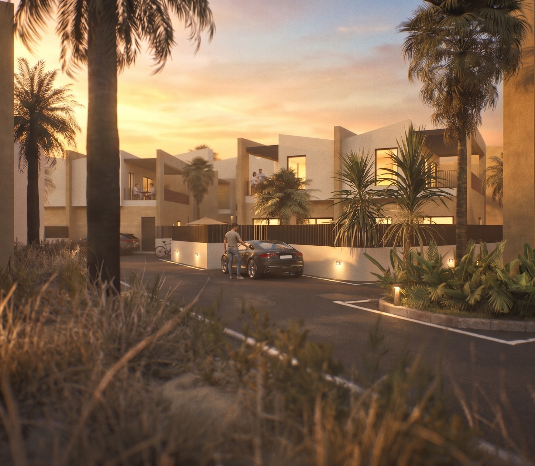 Seaside villas in Chiliadou — street view among palm trees at dusk
