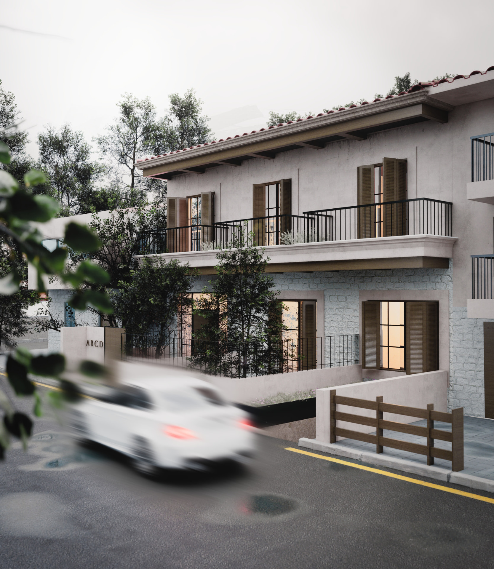 Traditional home restoration in Kalavryta — street facade with balcony
