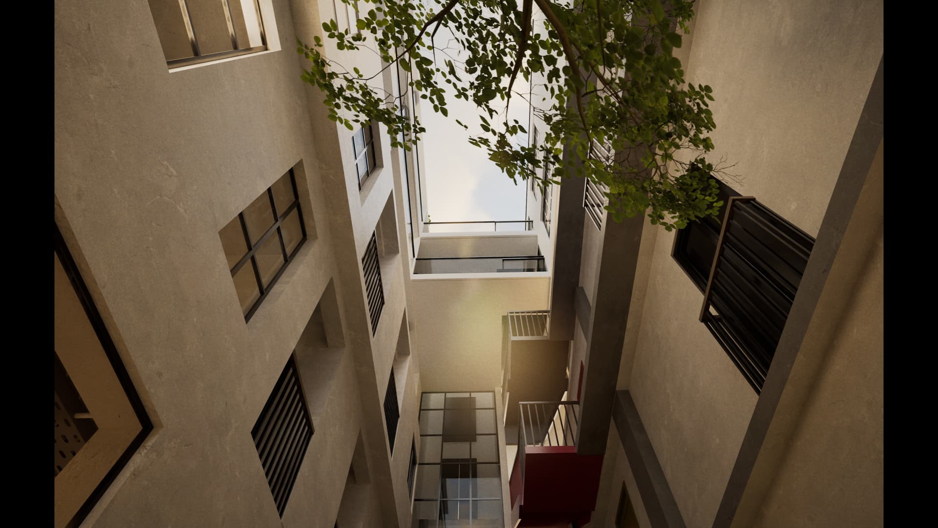 The HUB Student Apartments — inner courtyard looking up