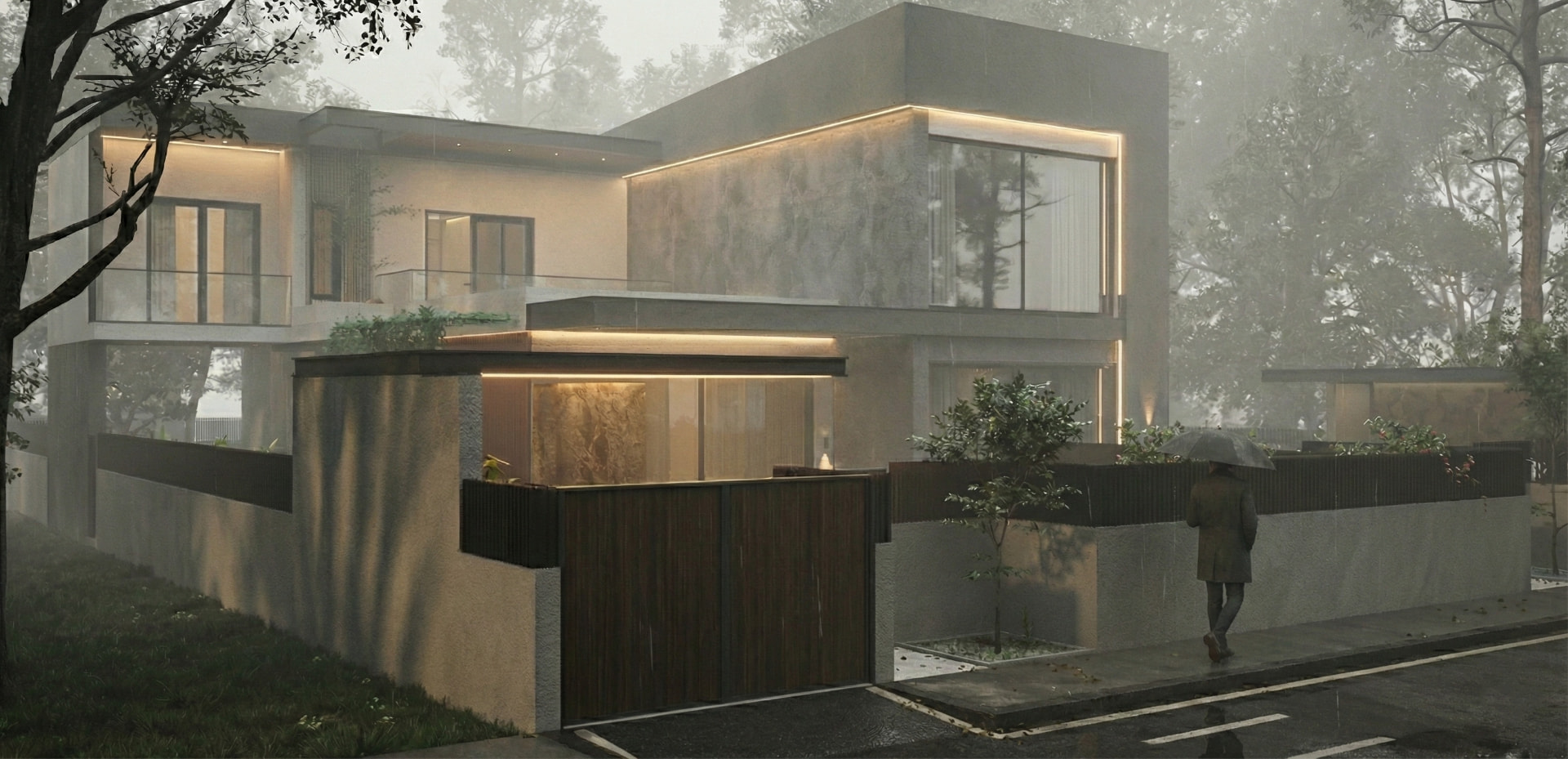 Modern Villa in Nea Erythraia — street view in the rain at dusk