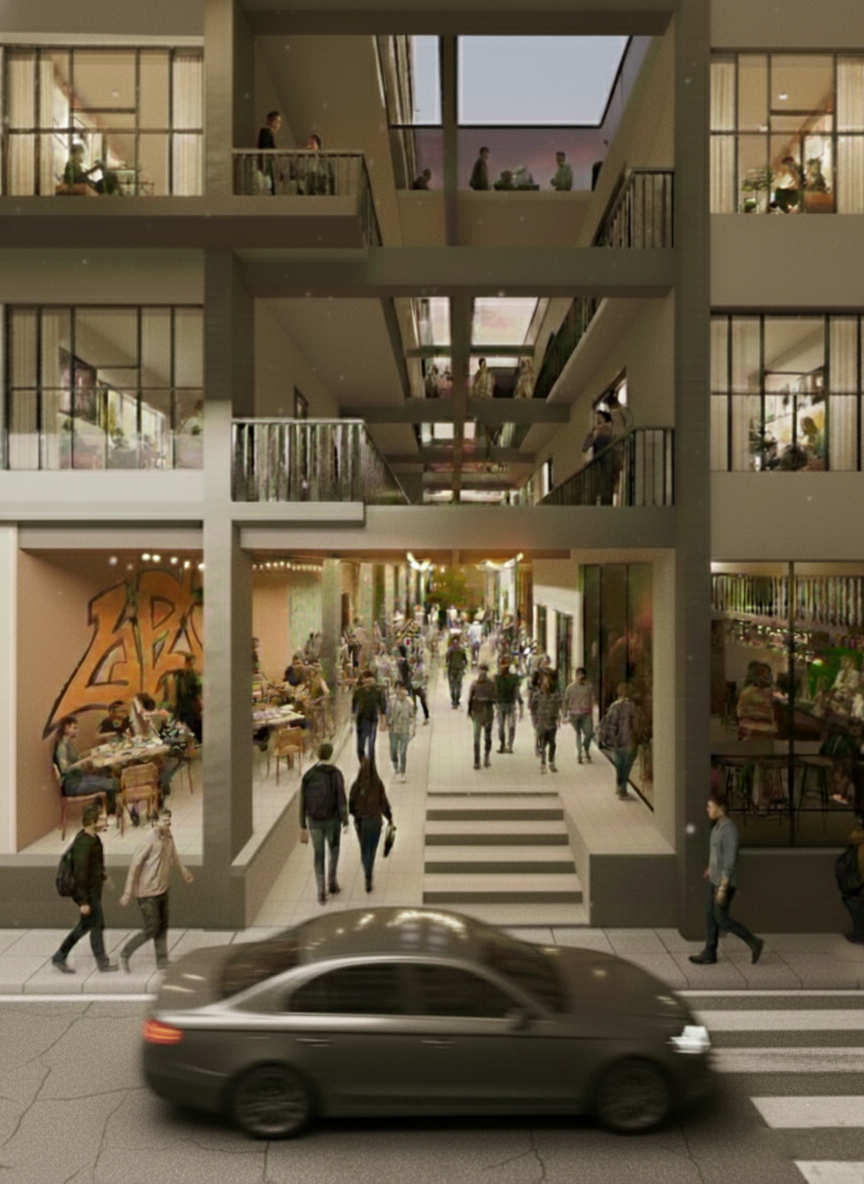 The HUB Student Apartments — atrium with cafes and walkways