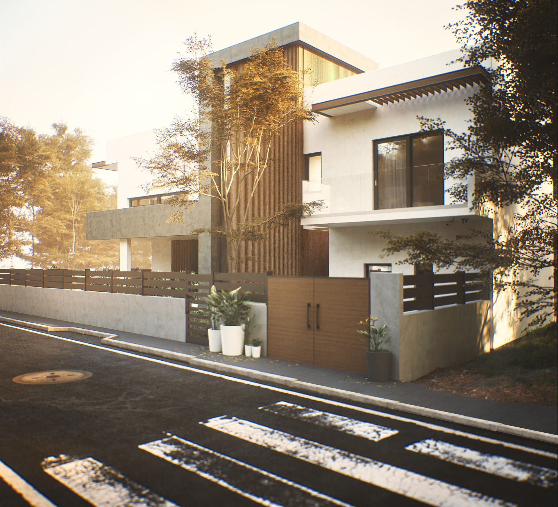 Villa in Begoulaki, Patras — exterior render at golden hour